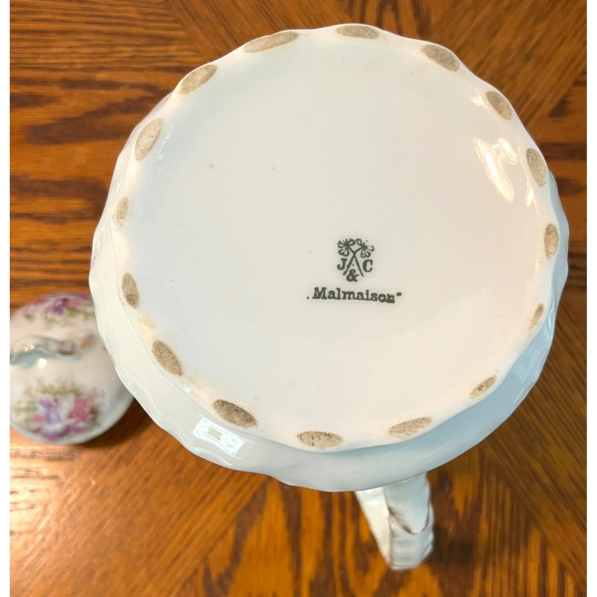 Antique J&C Malmaison France Porcelain Chocolate Pot With Lid and 6 Matching Cups Saucers Floral Design White Purple Pink w Gold Accents
