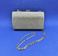 Silver Glittery Evening Bag Ranndi by International Concepts Clutch with Cross Body Chain. 7" wide x 4.5" high x 2.5" deep