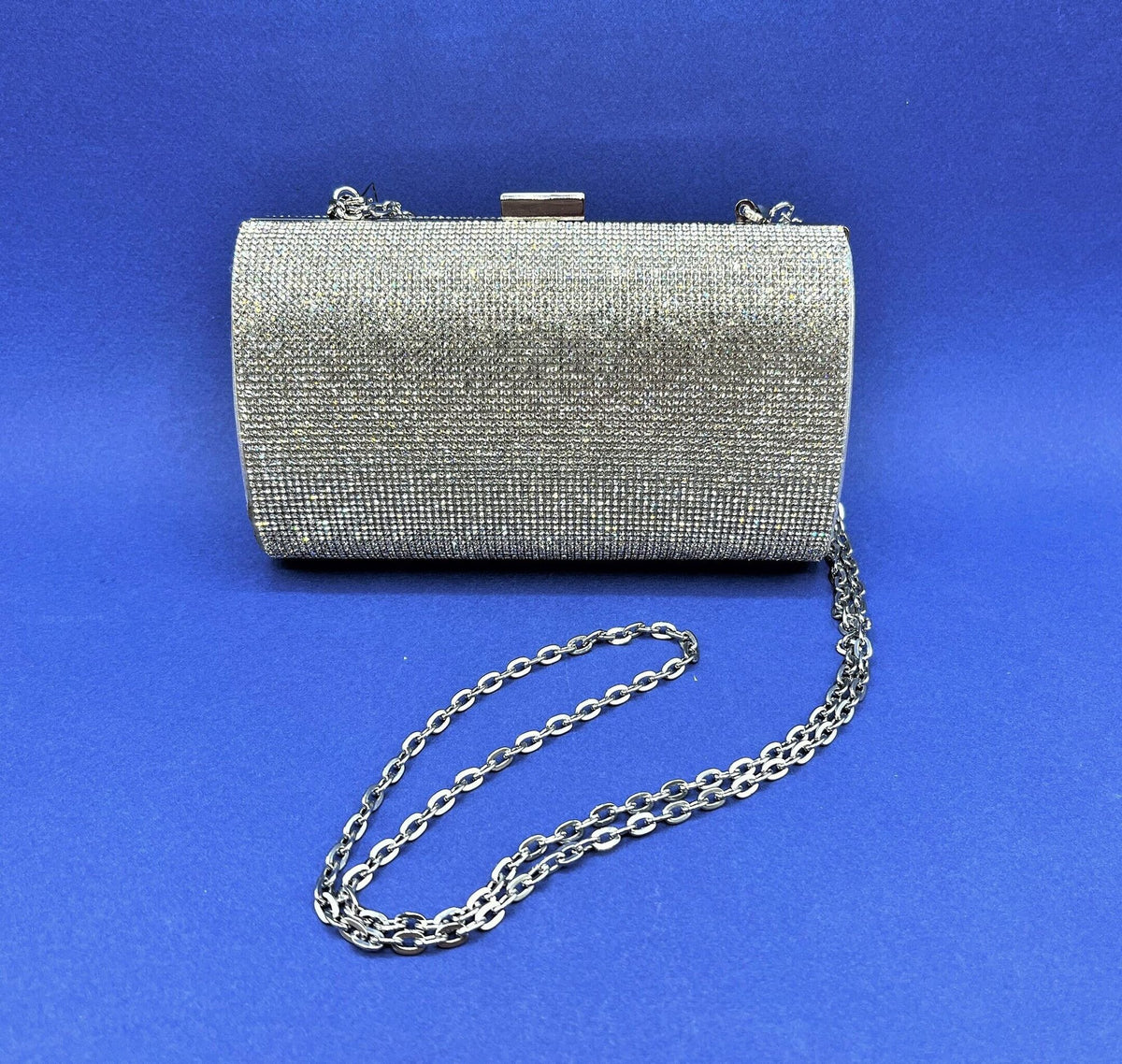 Silver Glittery Evening Bag Ranndi by International Concepts Clutch with Cross Body Chain. 7" wide x 4.5" high x 2.5" deep