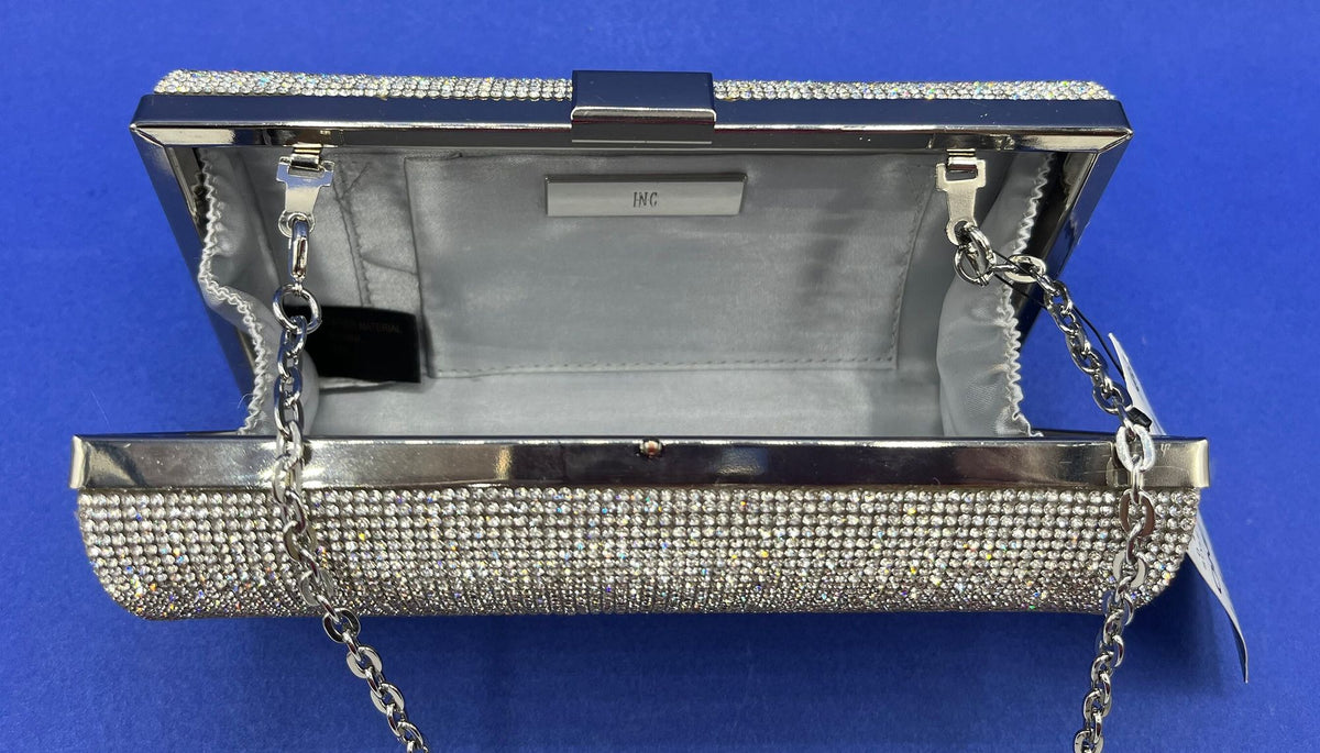 Silver Glittery Evening Bag Ranndi by International Concepts Clutch with Cross Body Chain. 7" wide x 4.5" high x 2.5" deep