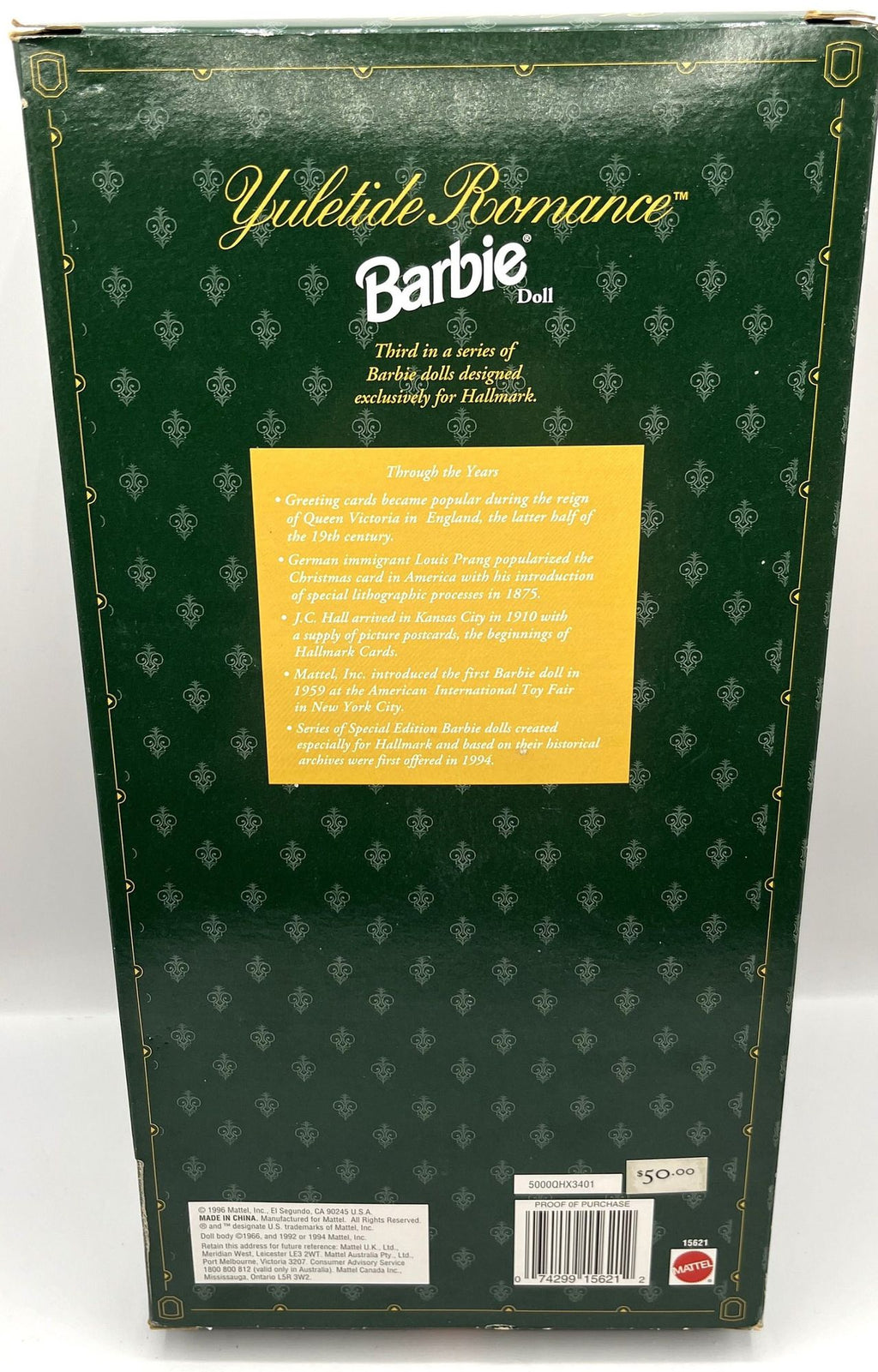 Vintage Barbie Doll 1996 Yuletide Romance Barbie Third in Special Edition Series Created for Hallmark. 11" tall