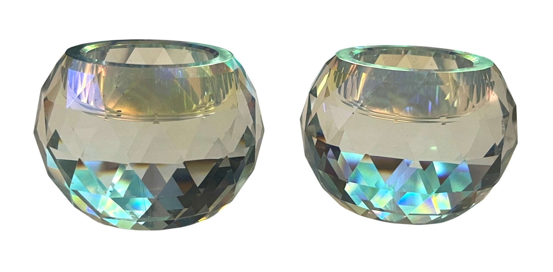 Faceted Crystal Round Tealight Candle Holders With Iridescent Finish By Simon Design Set Of 2