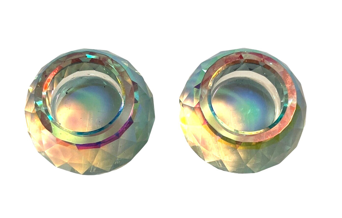 Faceted Crystal Round Tealight Candle Holders With Iridescent Finish By Simon Design Set Of 2