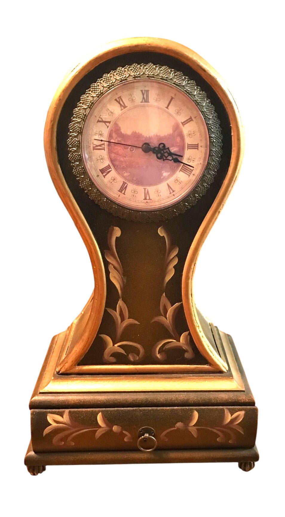 Vintage Hand Painted Wooden Mantle or Tabletop Clock Highly Detailed With Roman Numeral Face  Decorative Drawer 18" tall