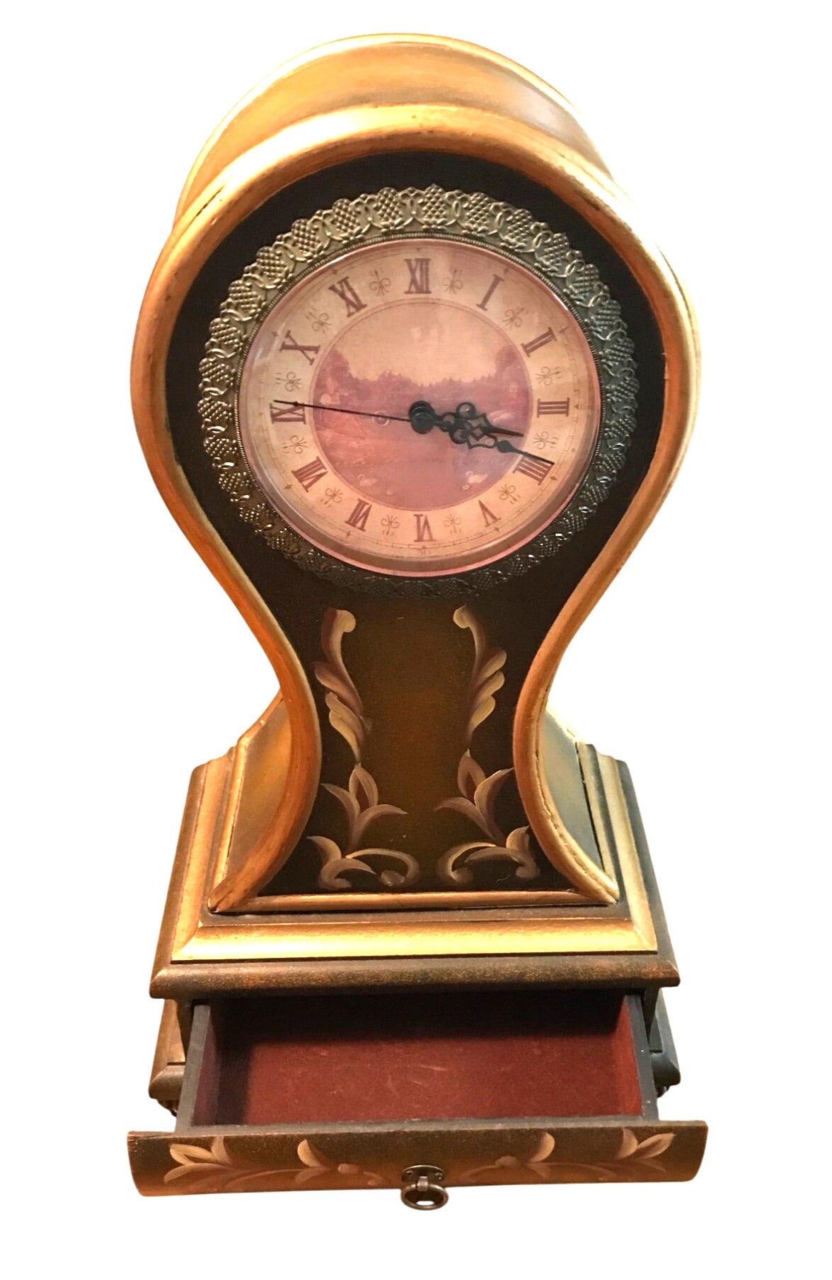 Vintage Hand Painted Wooden Mantle or Tabletop Clock Highly Detailed With Roman Numeral Face  Decorative Drawer 18" tall