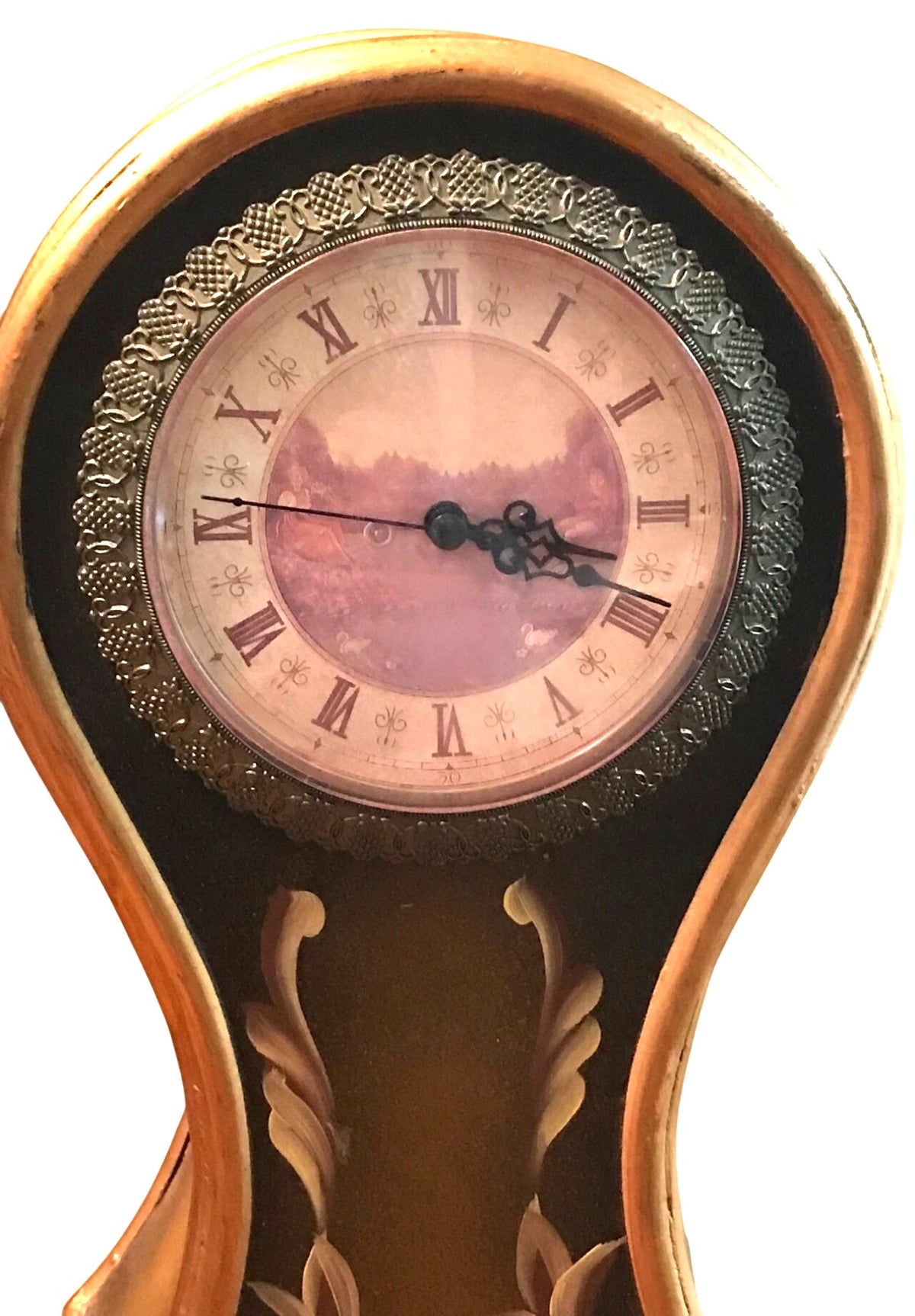 Vintage Hand Painted Wooden Mantle or Tabletop Clock Highly Detailed With Roman Numeral Face  Decorative Drawer 18" tall