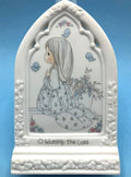 1993 Precious Moments Porcelain Arched Display "O Worship The Lord" with Little Girl Kneeling in Prayer, Bluebirds and Flowers.   3" x 5"