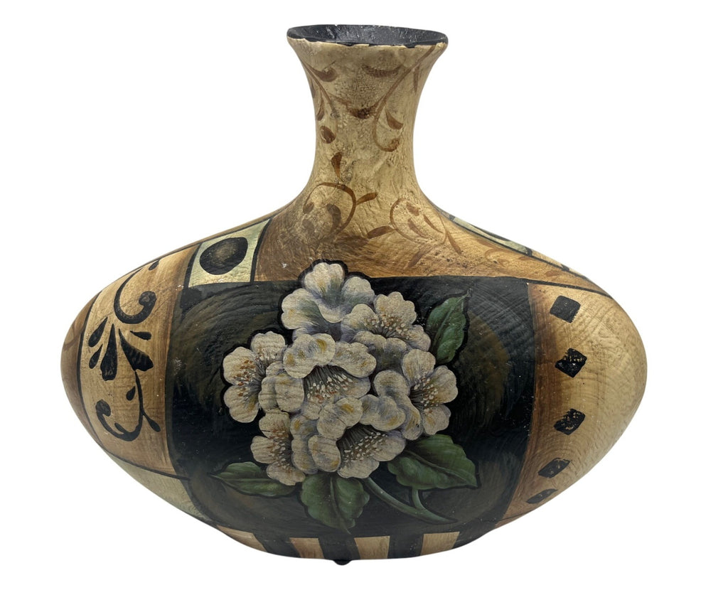 Hand Painted Floral Pottery Vase With Gold & Black Accents