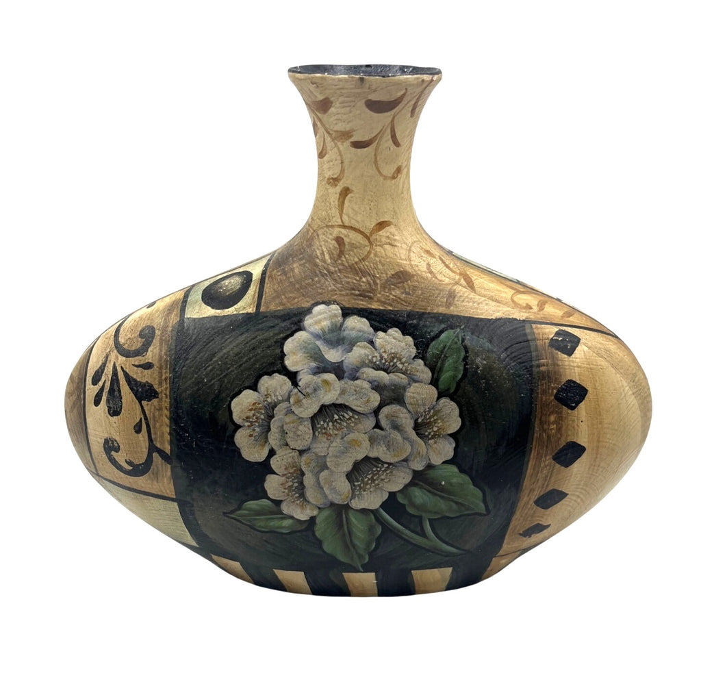 Hand Painted Floral Pottery Vase With Gold & Black Accents