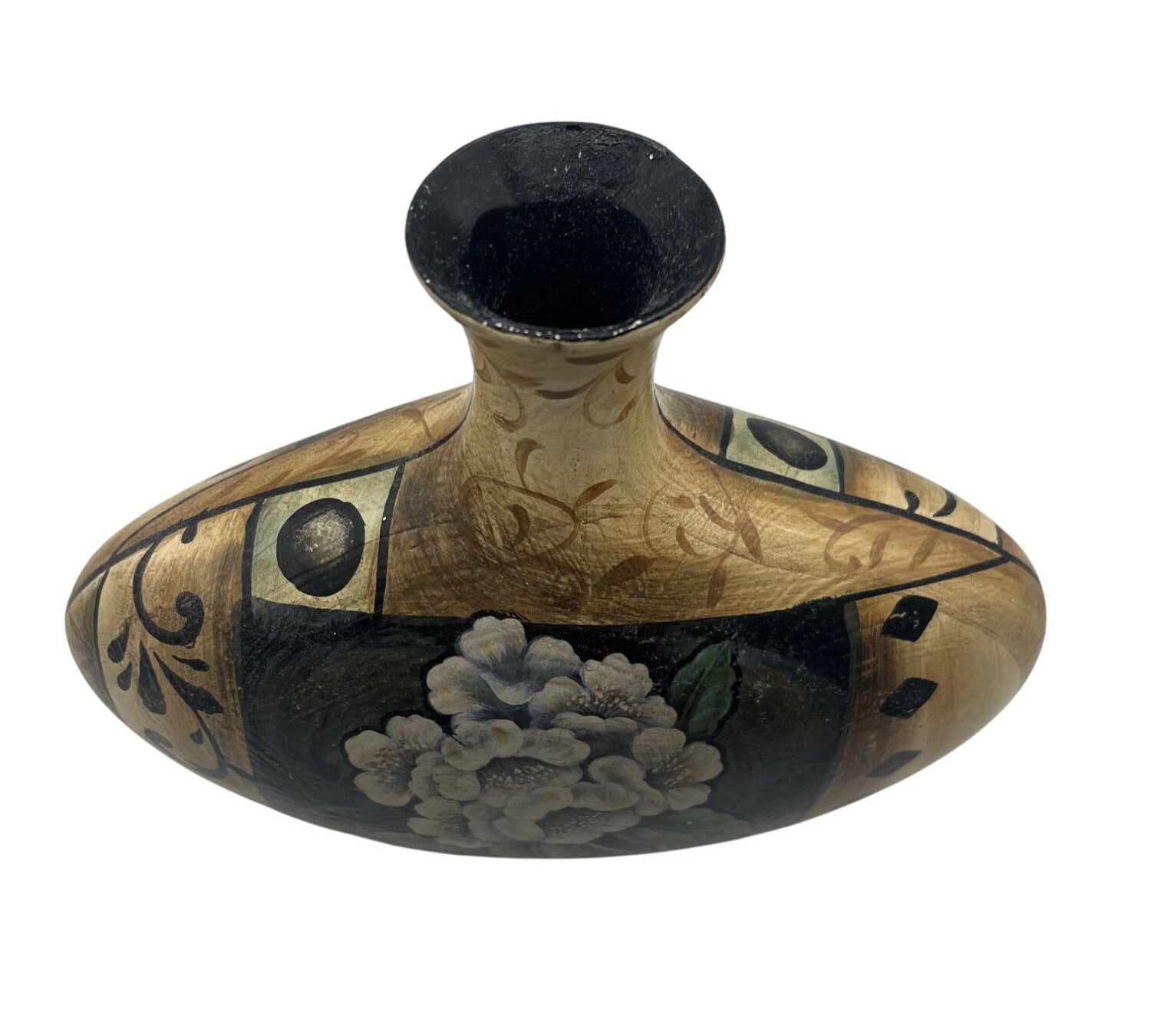 Hand Painted Floral Pottery Vase With Gold & Black Accents