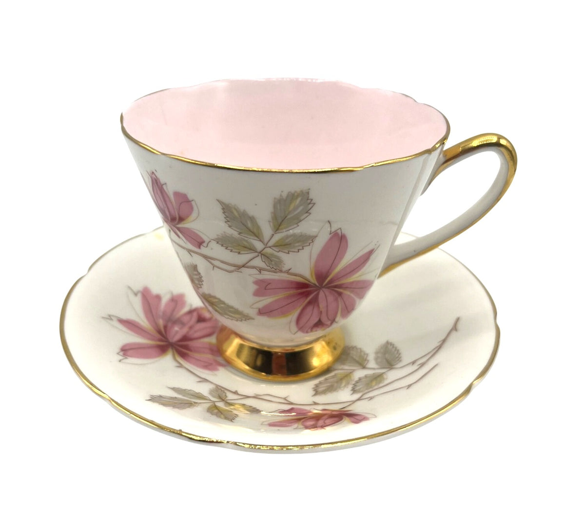 Vintage Old Royal Bone China Est 1846 Tea Cup & Saucer Pink Interior and Floral Gold Trim Made in England