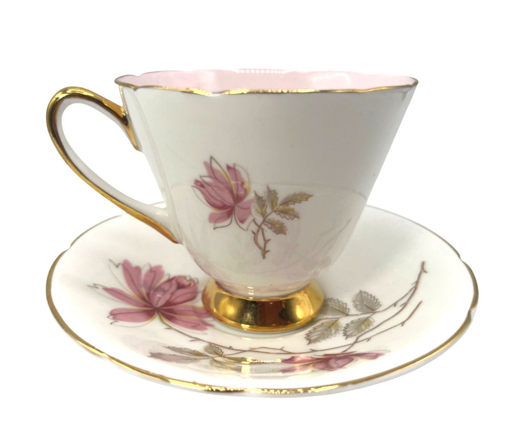 Vintage Old Royal Bone China Est 1846 Tea Cup & Saucer Pink Interior and Floral Gold Trim Made in England