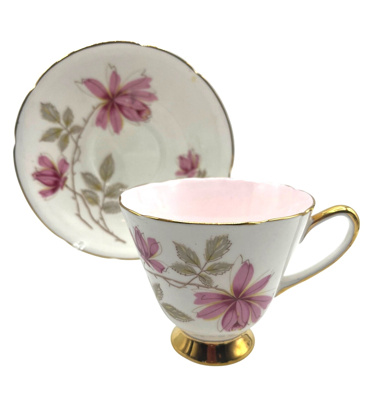 Vintage Old Royal Bone China Est 1846 Tea Cup & Saucer Pink Interior and Floral Gold Trim Made in England
