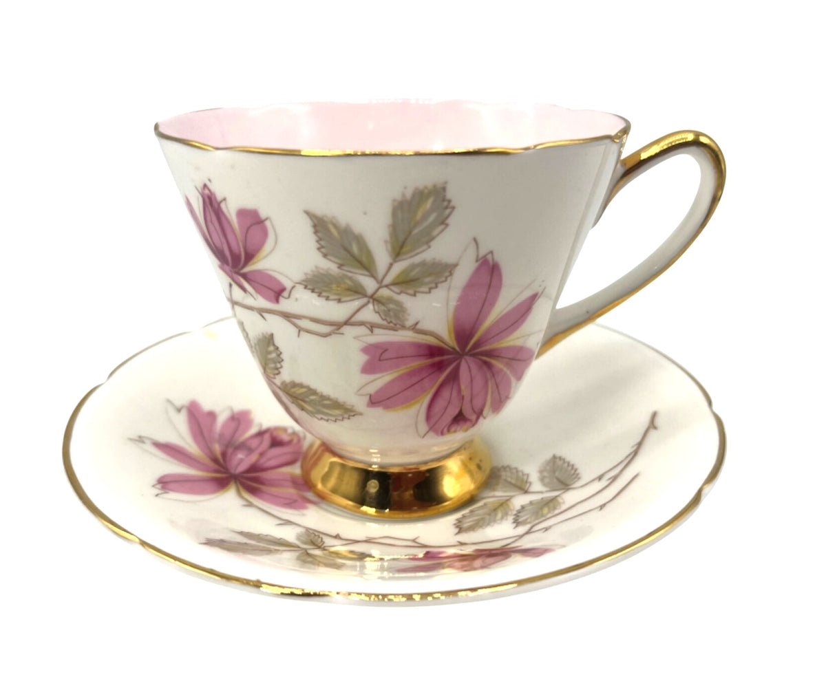 Vintage Old Royal Bone China Est 1846 Tea Cup & Saucer Pink Interior and Floral Gold Trim Made in England