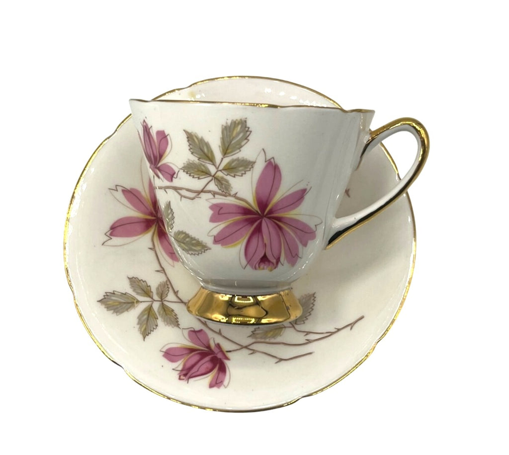 Vintage Old Royal Bone China Est 1846 Tea Cup & Saucer Pink Interior and Floral Gold Trim Made in England
