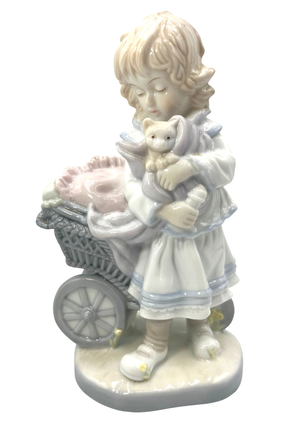 Vintage Dolfi Hand-Painted Porcelain Figurine Of Girl Holding Kitten With Baby Carriage Made in Italy 7.5" tall