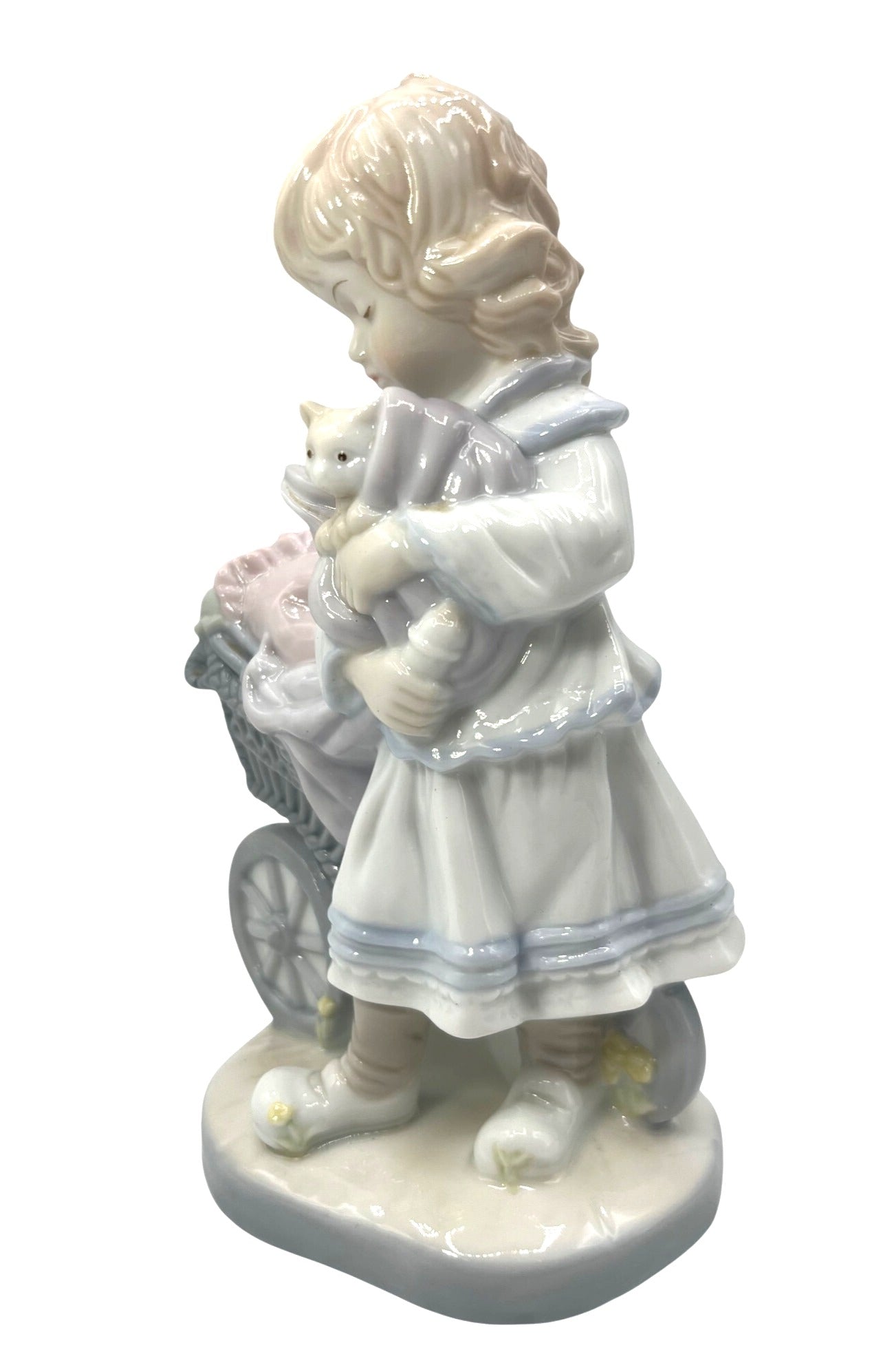 Vintage Dolfi Hand-Painted Porcelain Figurine Of Girl Holding Kitten With Baby Carriage Made in Italy 7.5" tall