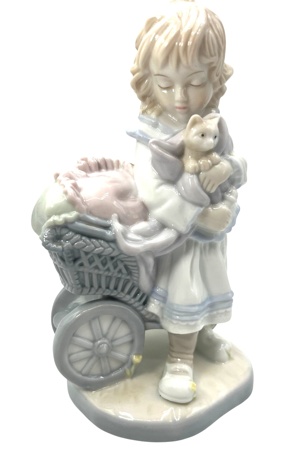 Vintage Dolfi Hand-Painted Porcelain Figurine Of Girl Holding Kitten With Baby Carriage Made in Italy 7.5" tall