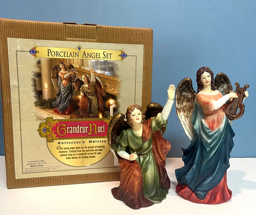 Grandeur Noel Porcelain Angel Set of 2 With Box Hand Painted Figurines 11 & 8" tall