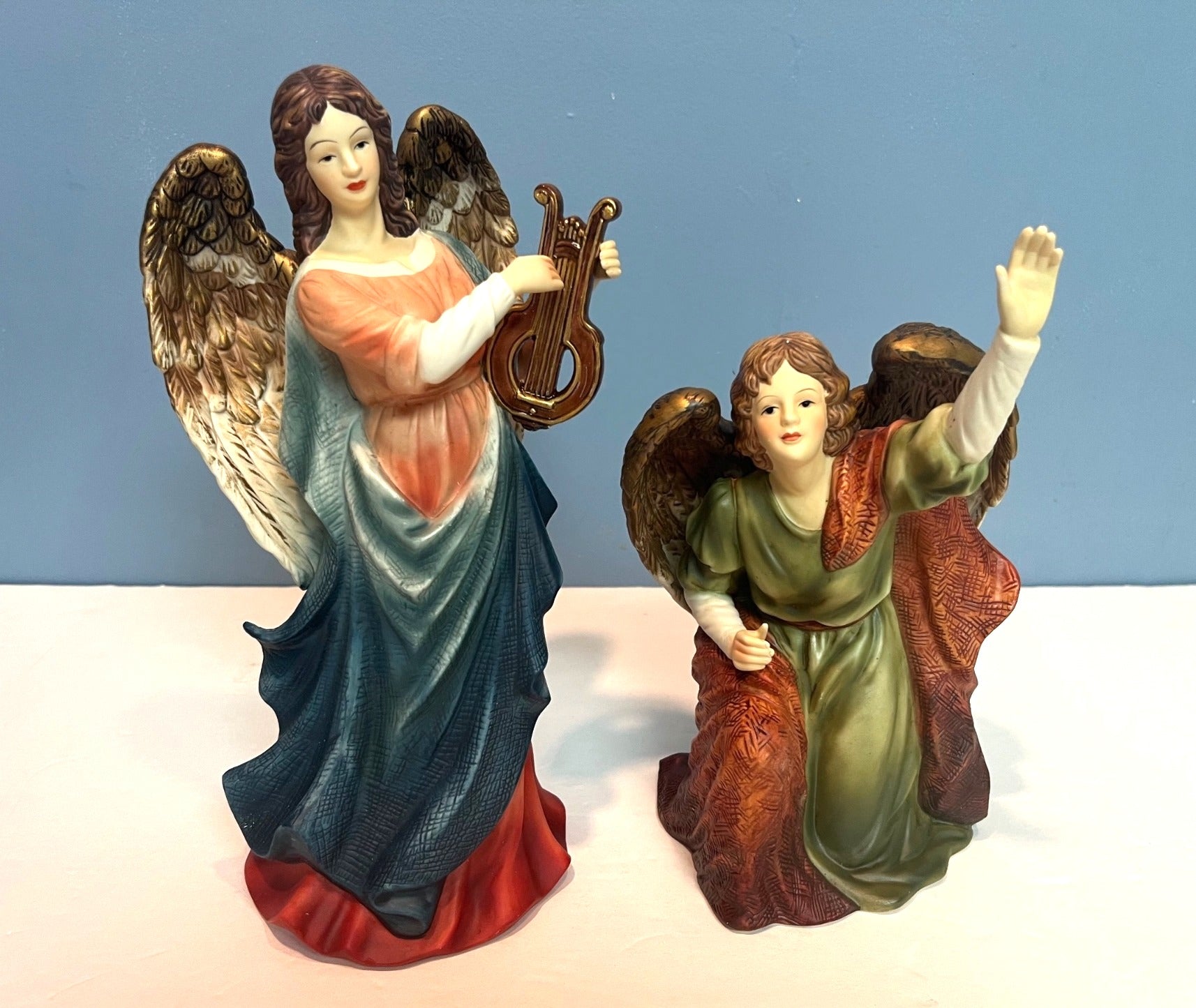 Grandeur Noel Porcelain Angel Set of 2 With Box Hand Painted Figurines 11 & 8" tall