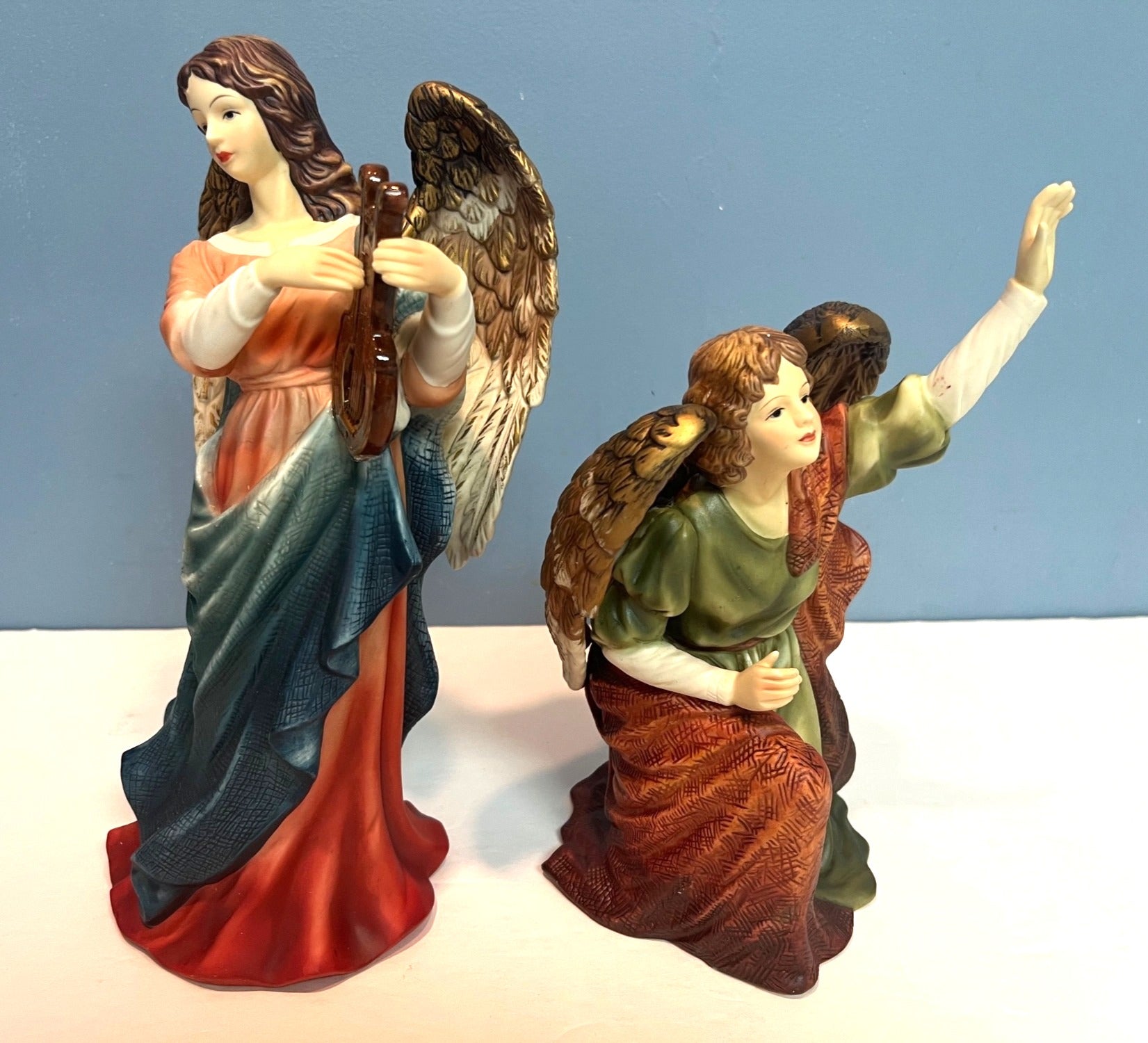 Grandeur Noel Porcelain Angel Set of 2 With Box Hand Painted Figurines 11 & 8" tall