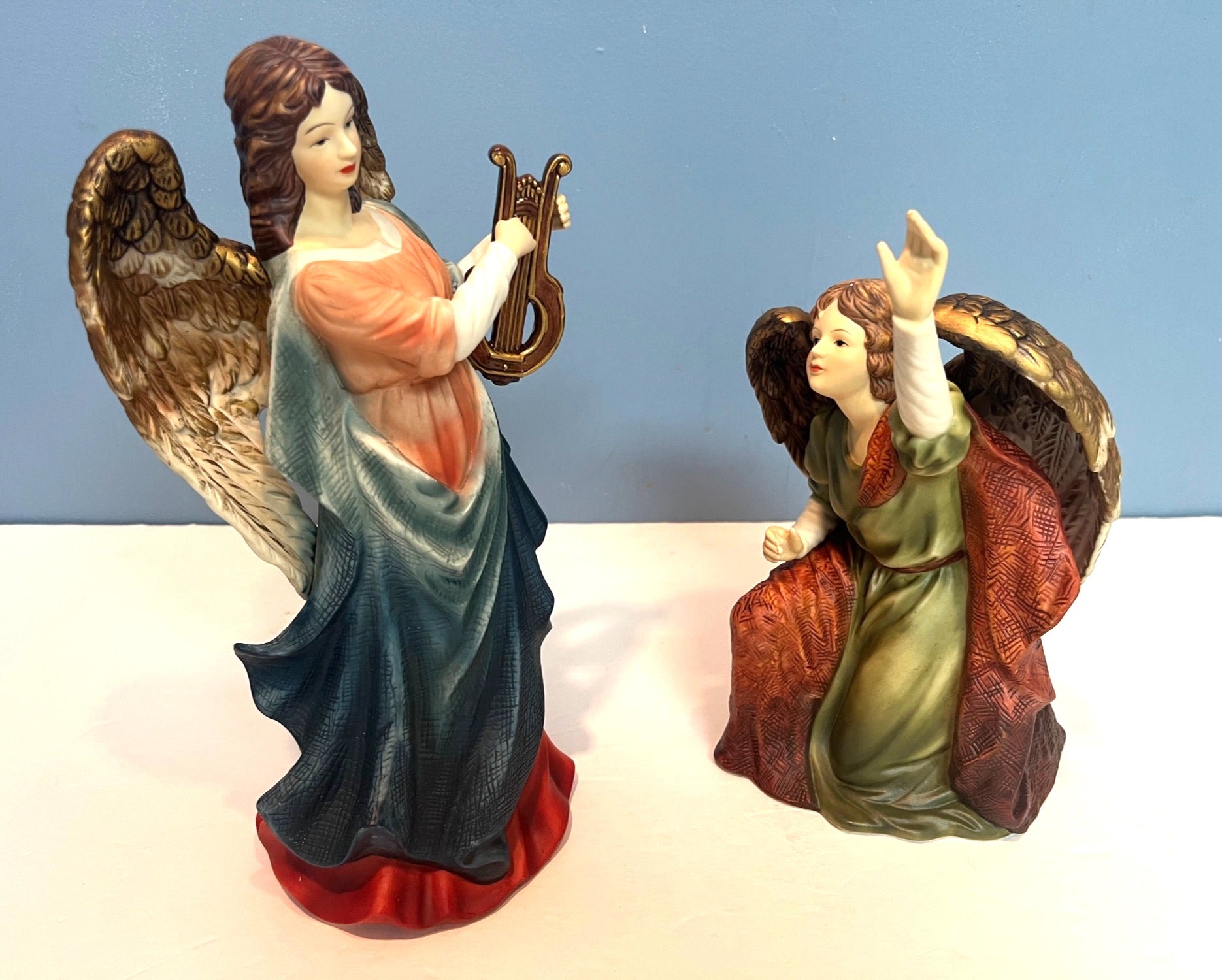 Grandeur Noel Porcelain Angel Set of 2 With Box Hand Painted Figurines 11 & 8" tall