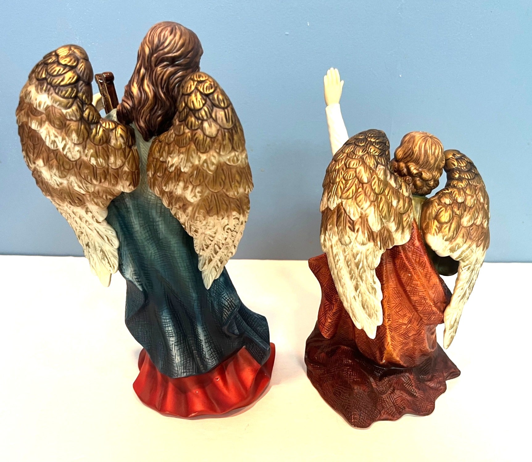 Grandeur Noel Porcelain Angel Set of 2 With Box Hand Painted Figurines 11 & 8" tall