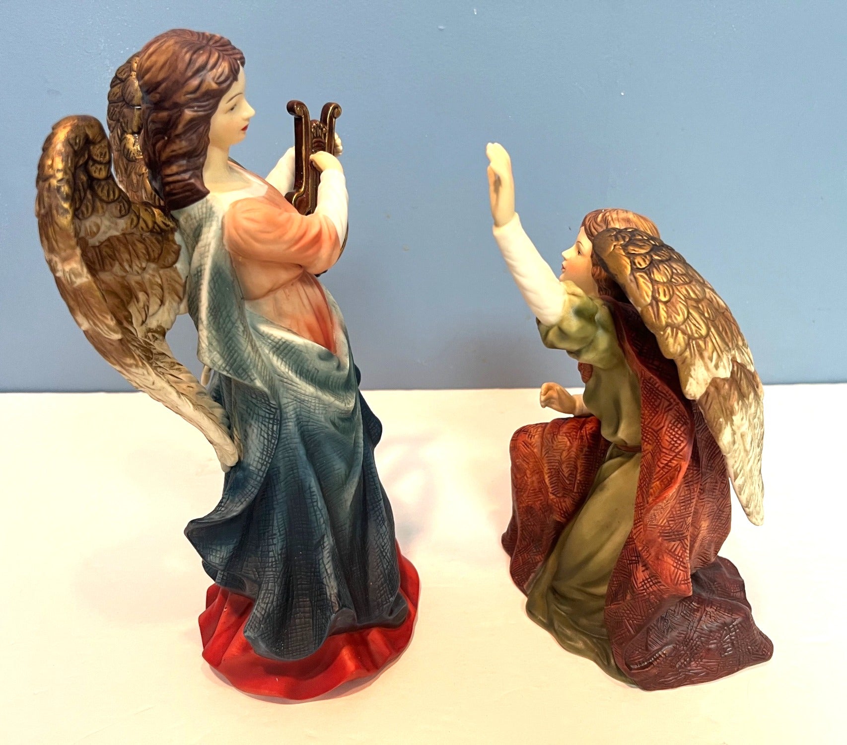 Grandeur Noel Porcelain Angel Set of 2 With Box Hand Painted Figurines 11 & 8" tall