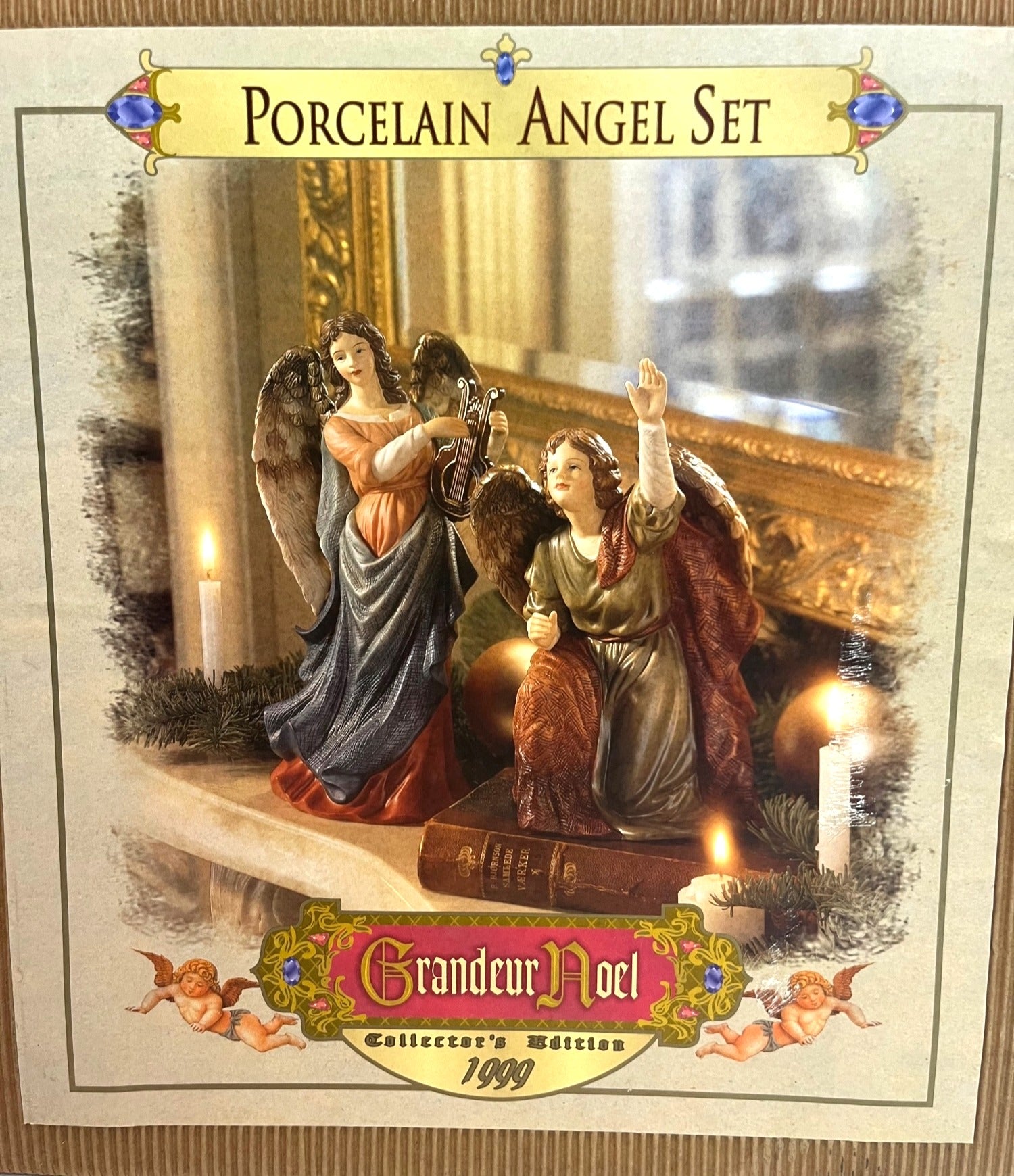 Grandeur Noel Porcelain Angel Set of 2 With Box Hand Painted Figurines 11 & 8" tall