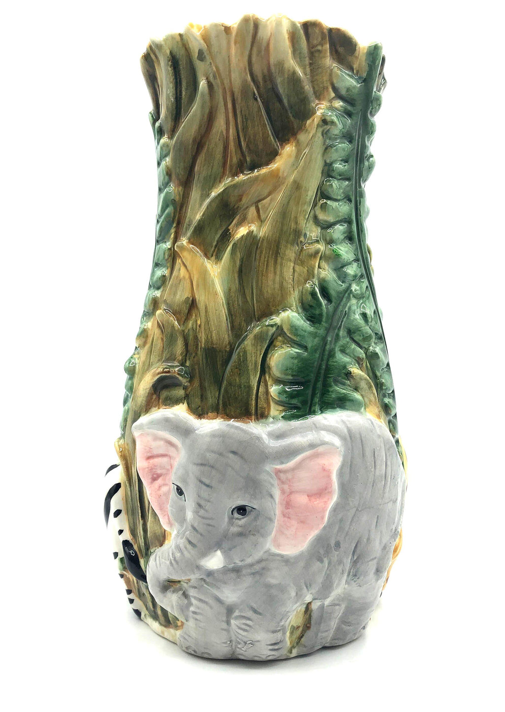 Dimensional Ceramic Vase with Animals in the Jungle by Jay Imports.  Large size 5.5" wide and 10" high. Bold colors, Gloss finish.
