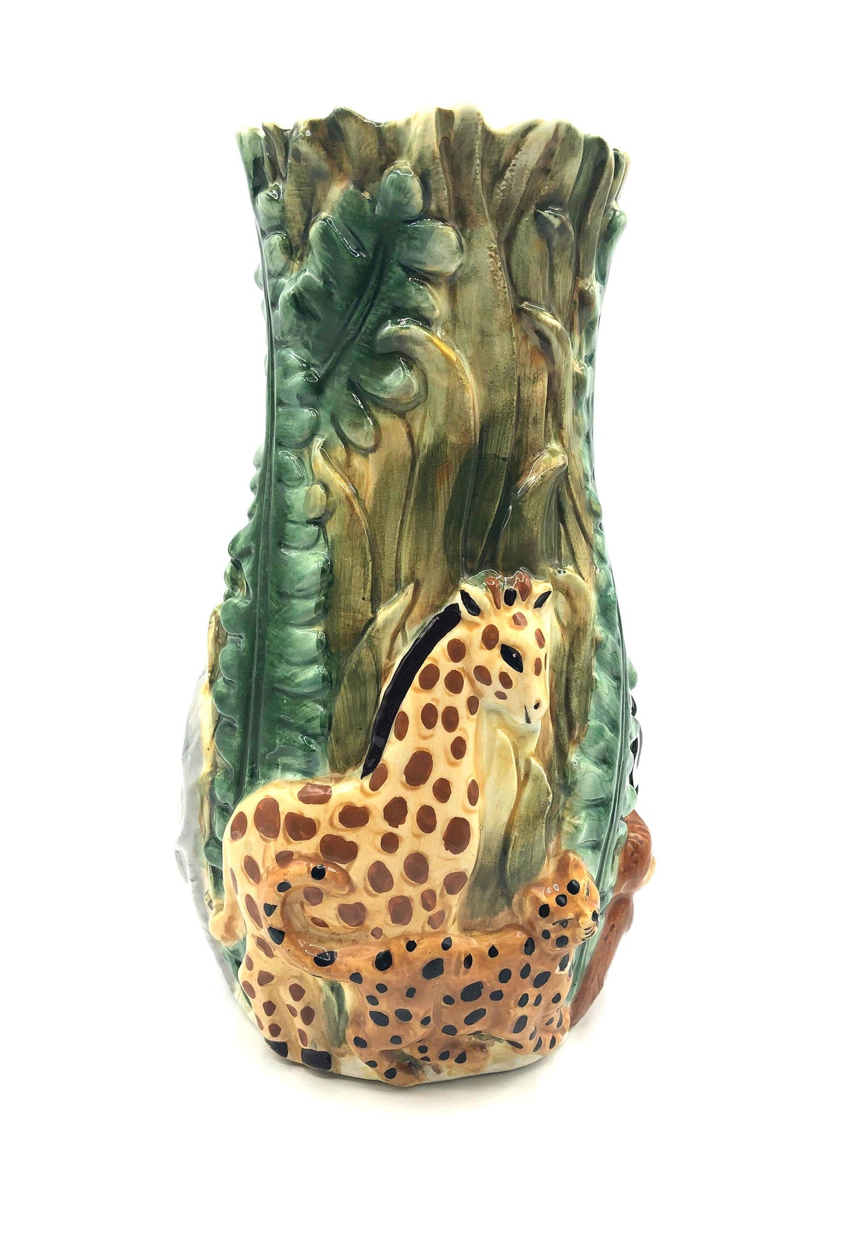 Dimensional Ceramic Vase with Animals in the Jungle by Jay Imports.  Large size 5.5" wide and 10" high. Bold colors, Gloss finish.