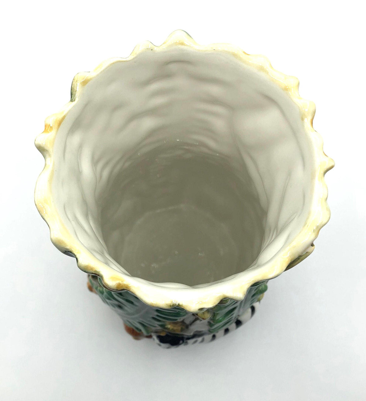 Dimensional Ceramic Vase with Animals in the Jungle by Jay Imports.  Large size 5.5" wide and 10" high. Bold colors, Gloss finish.