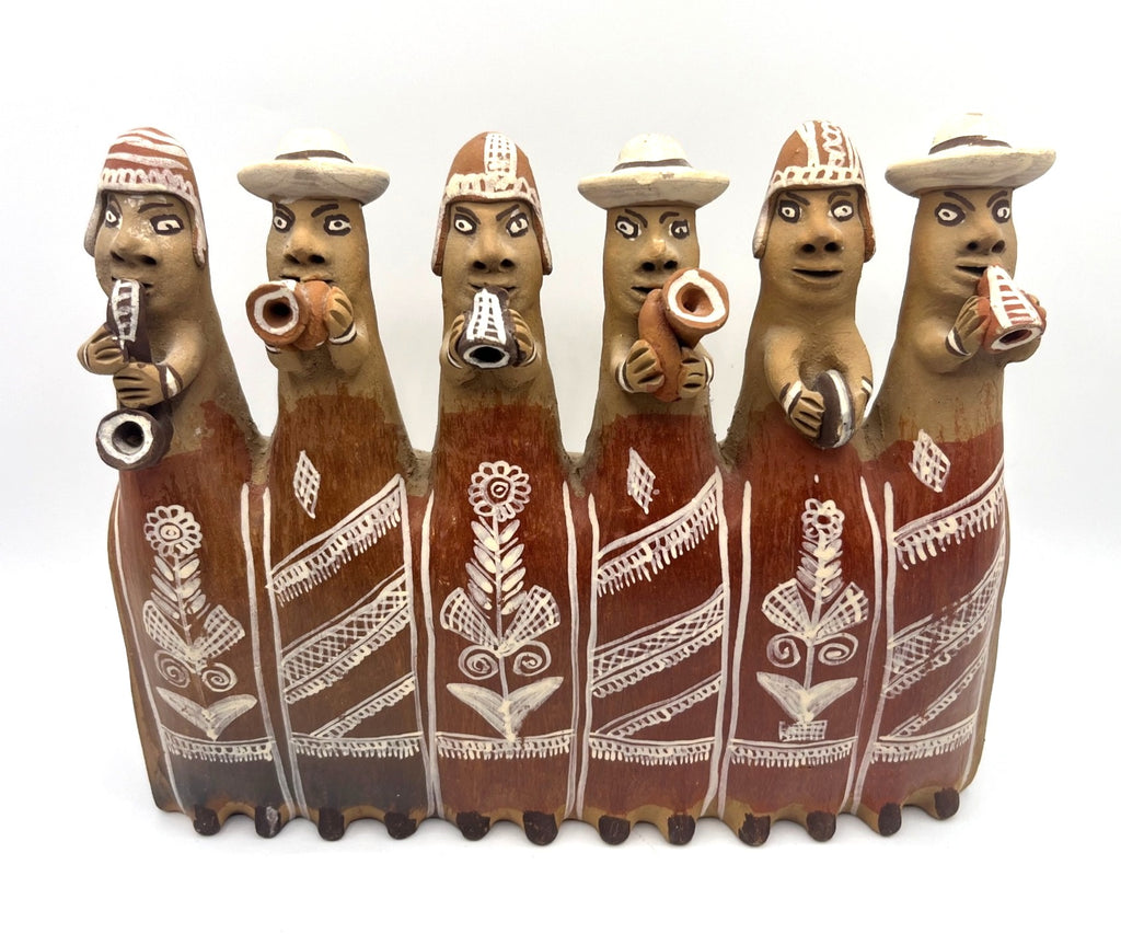 Peruvian Folk Art Clay Whistle an Inca Village Band Pottery Piece 10" long x 8.5" high