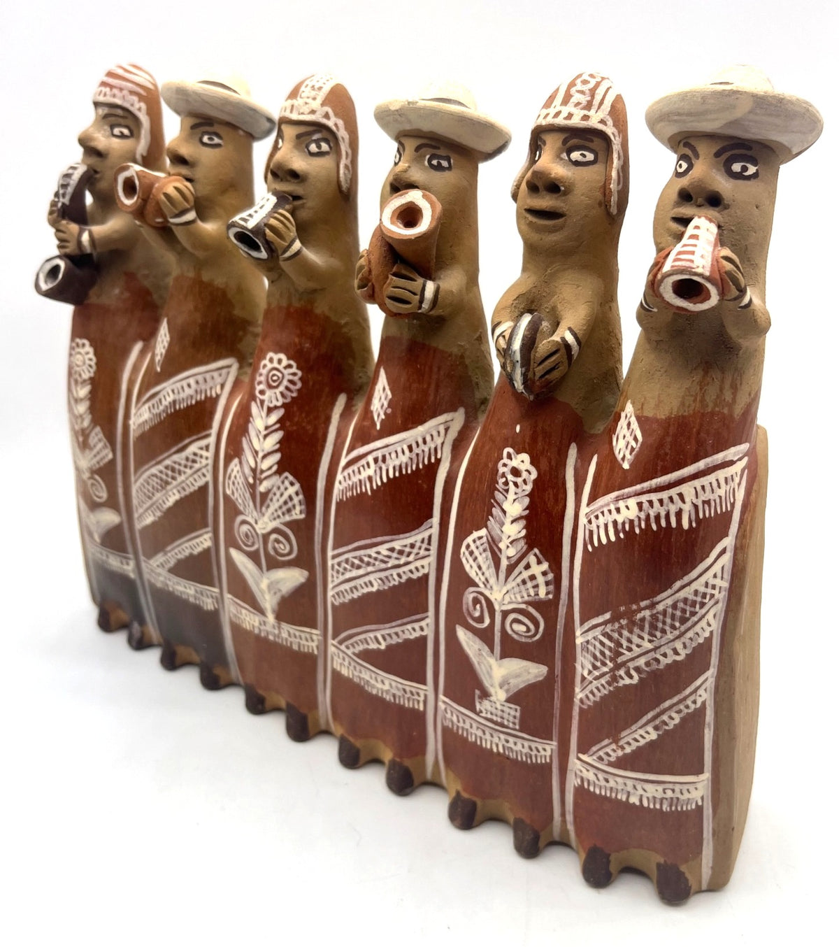 Peruvian Folk Art Clay Whistle an Inca Village Band Pottery Piece 10" long x 8.5" high
