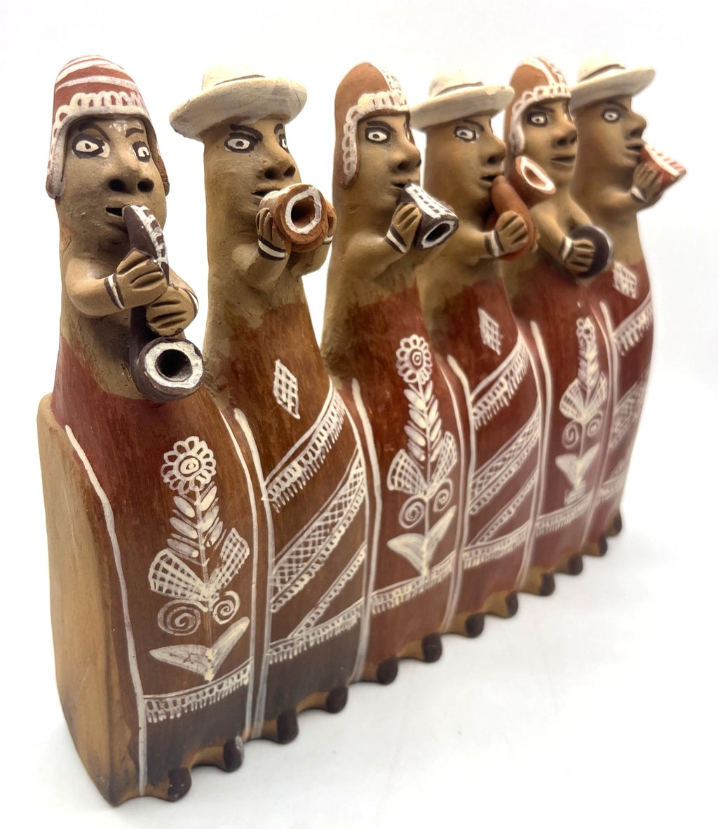Peruvian Folk Art Clay Whistle an Inca Village Band Pottery Piece 10" long x 8.5" high