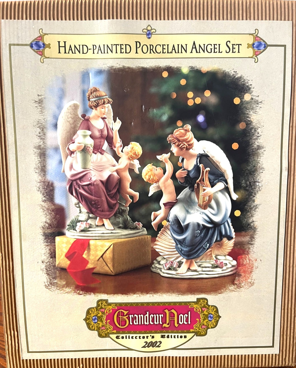 Grandeur Noel Hand-Painted Porcelain Angel Figurine Set With Cherub Accents Elegant Details Vintage 2002