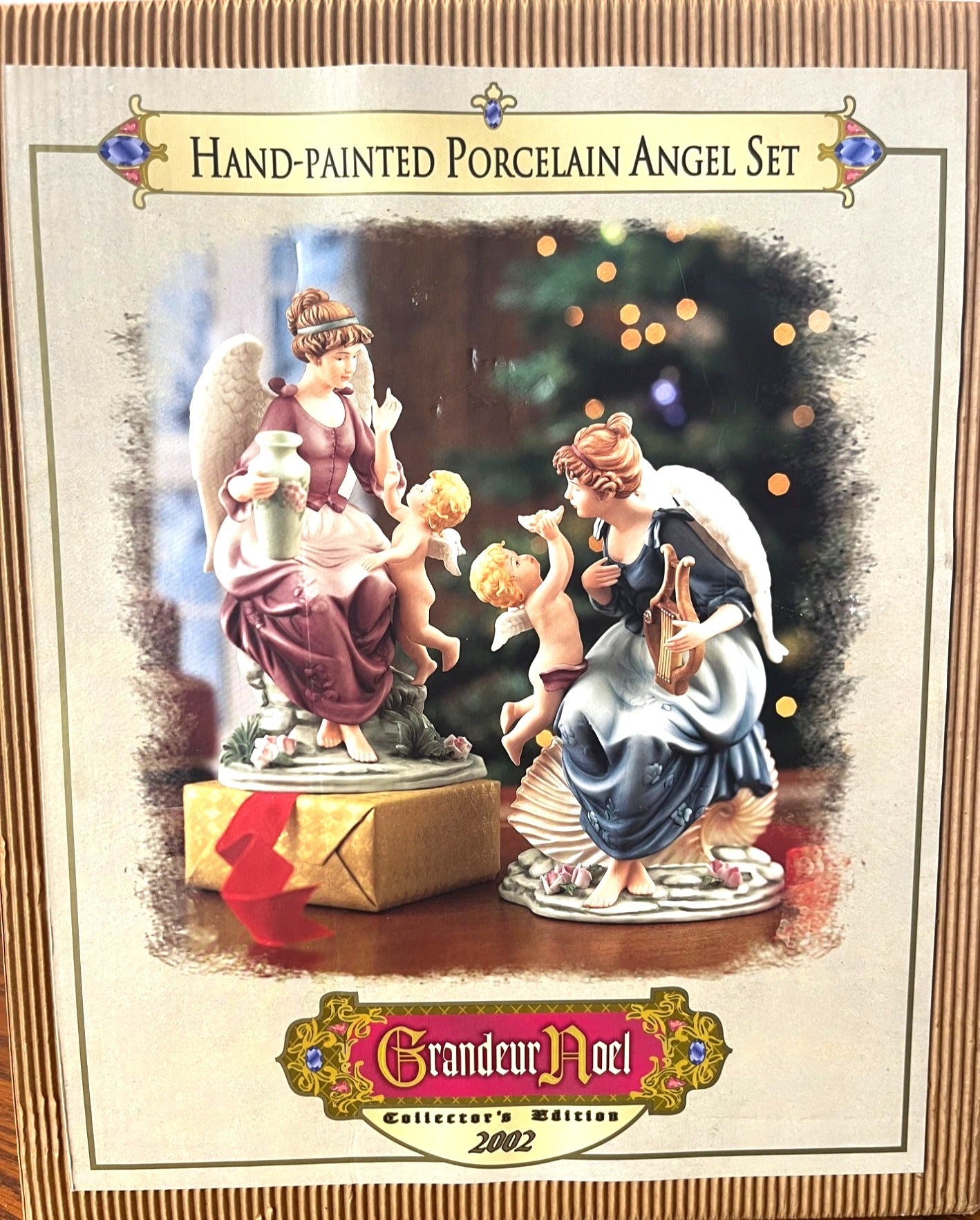 Grandeur Noel Hand-Painted Porcelain Angel Figurine Set With Cherub Accents Elegant Details Vintage 2002