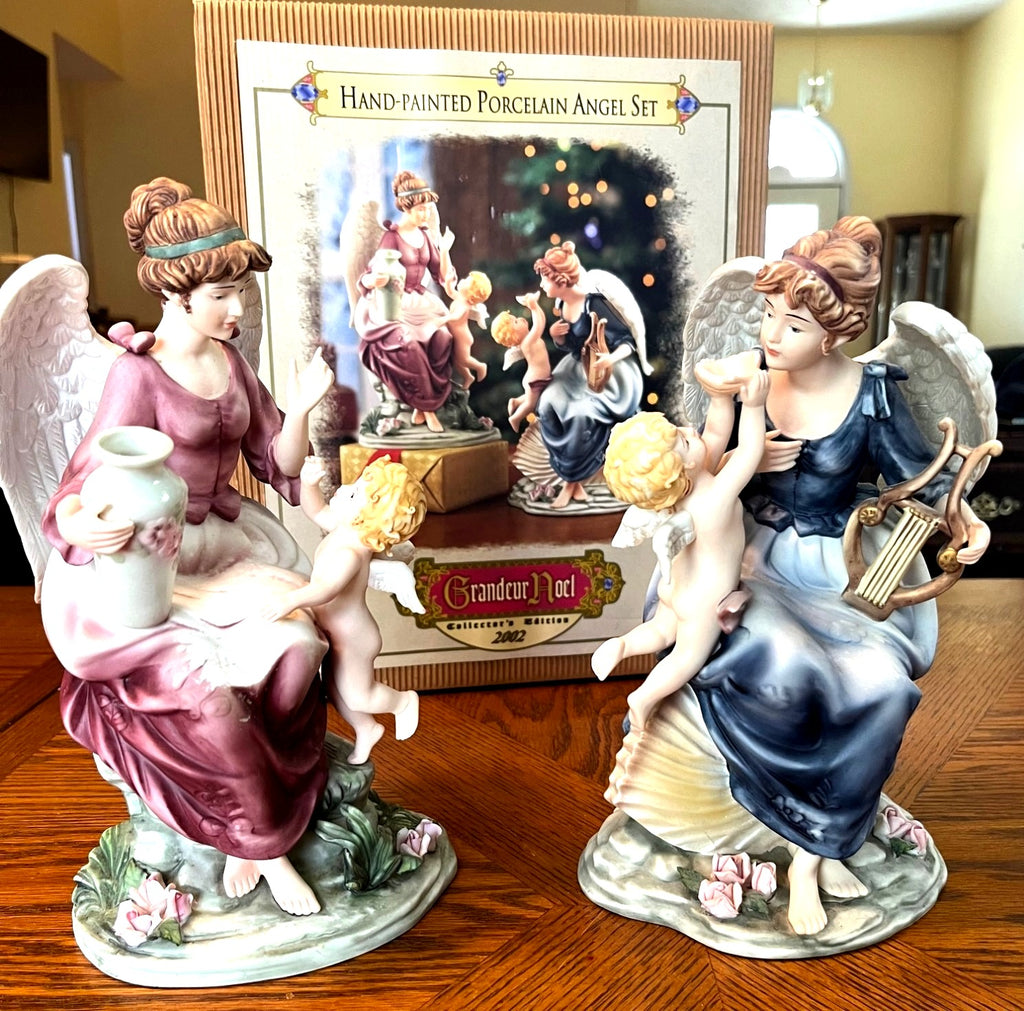 Grandeur Noel Hand-Painted Porcelain Angel Figurine Set With Cherub Accents Elegant Details Vintage 2002