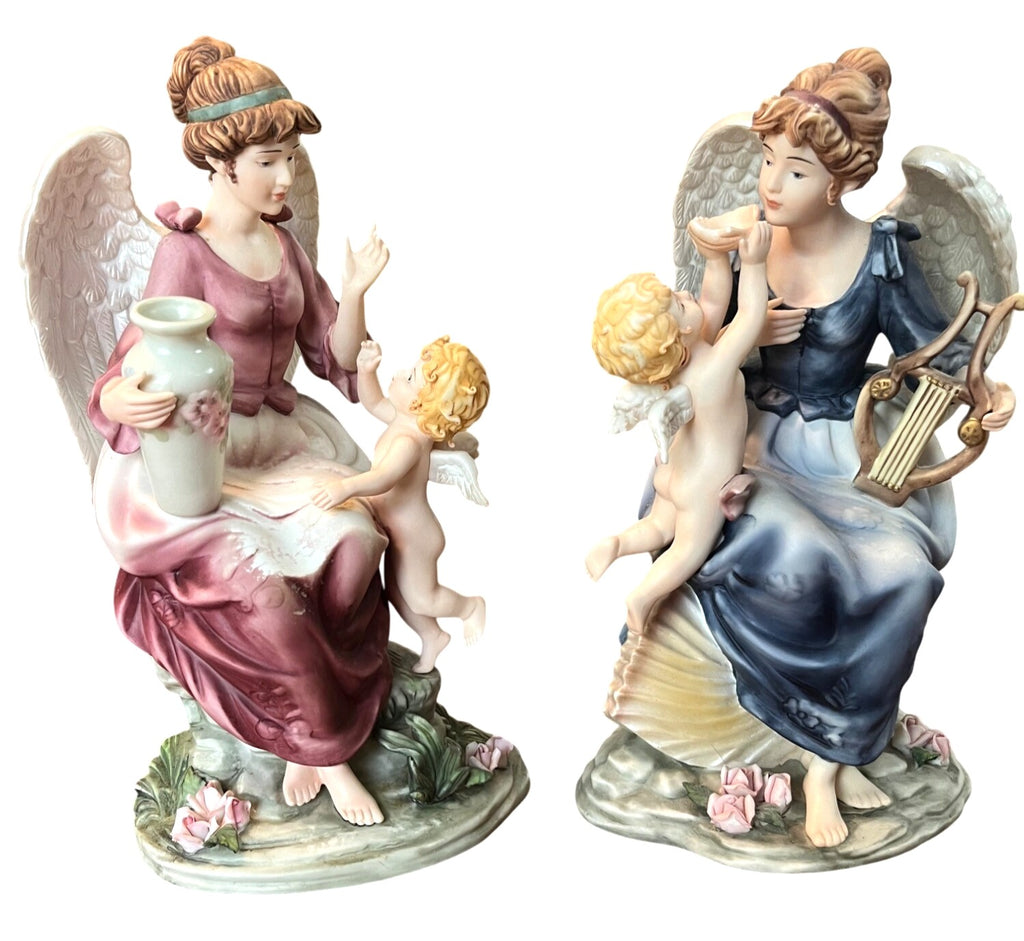 Grandeur Noel Hand-Painted Porcelain Angel Figurine Set With Cherub Accents Elegant Details Vintage 2002