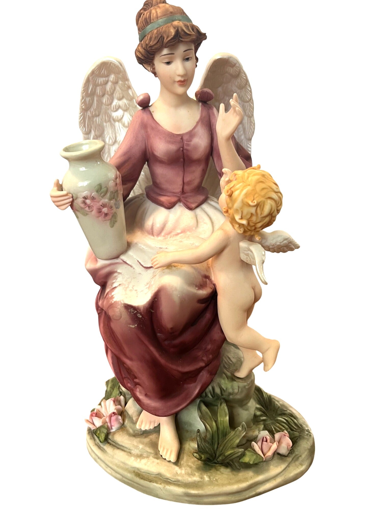 Grandeur Noel Hand-Painted Porcelain Angel Figurine Set With Cherub Accents Elegant Details Vintage 2002