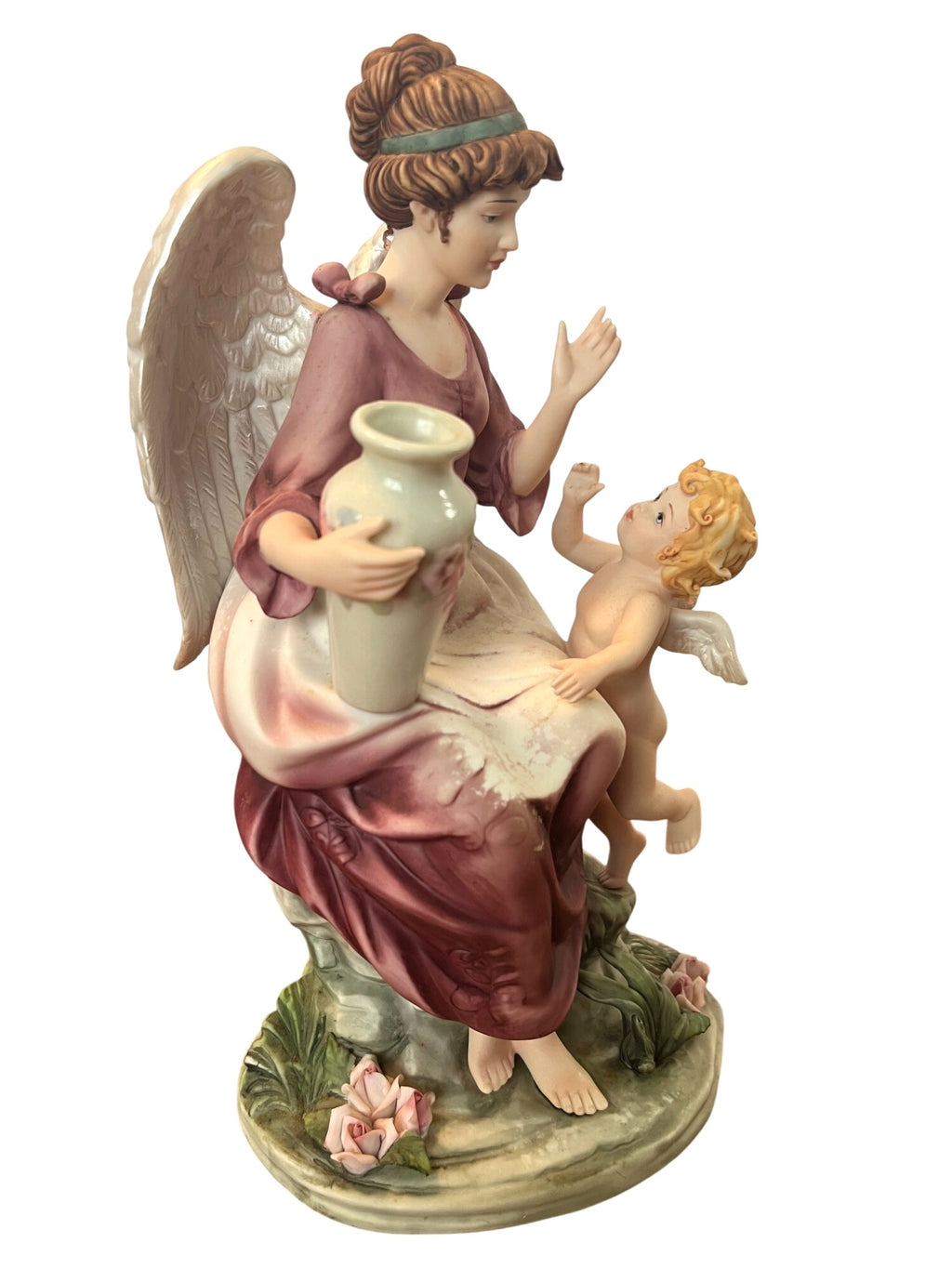 Grandeur Noel Hand-Painted Porcelain Angel Figurine Set With Cherub Accents Elegant Details Vintage 2002
