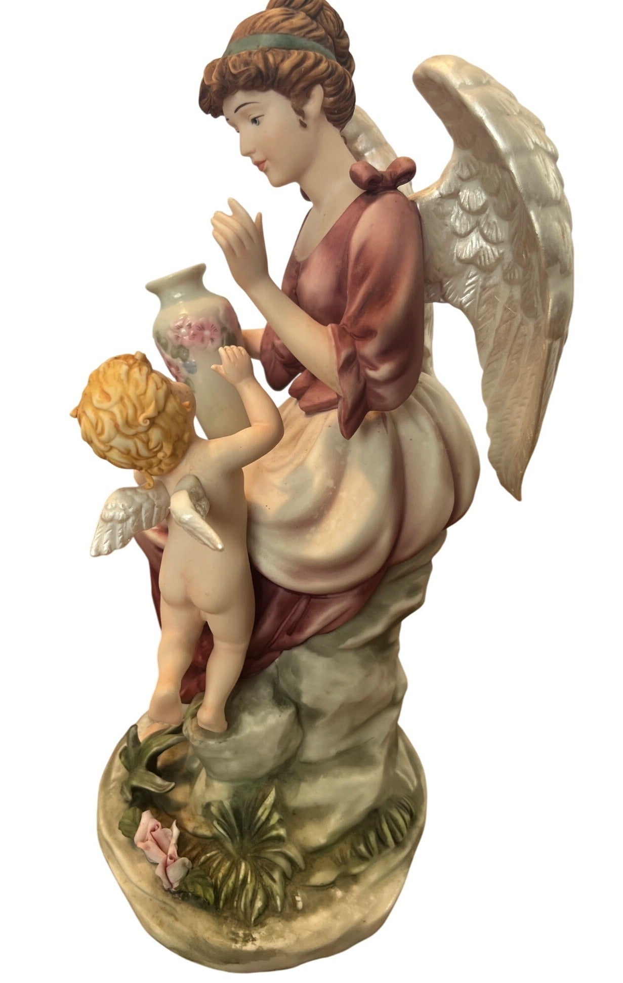 Grandeur Noel Hand-Painted Porcelain Angel Figurine Set With Cherub Accents Elegant Details Vintage 2002