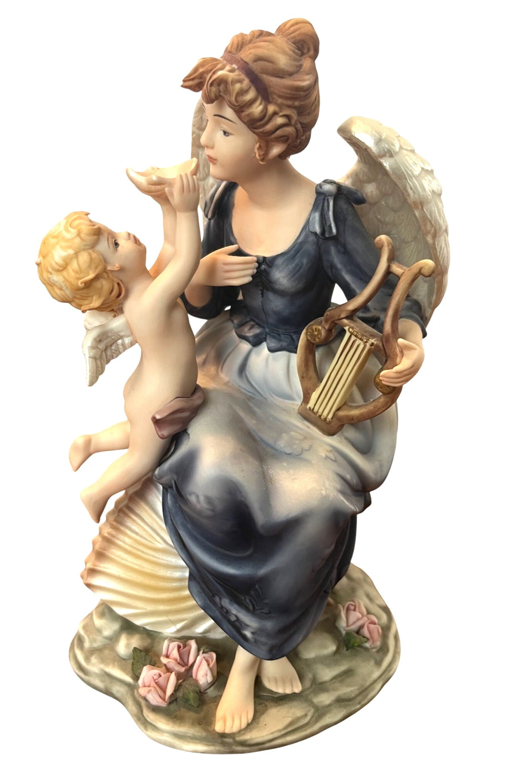 Grandeur Noel Hand-Painted Porcelain Angel Figurine Set With Cherub Accents Elegant Details Vintage 2002