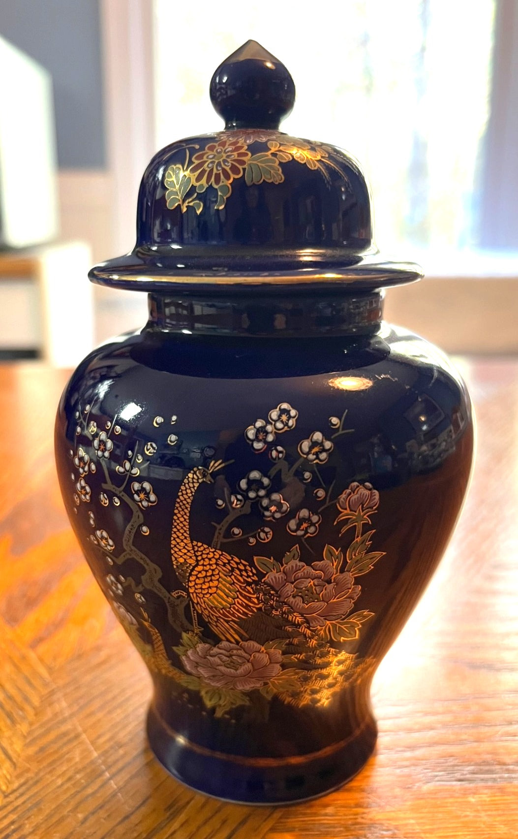 Vintage Japanese Cobalt Blue Porcelain Ginger Jar With Gold Peacock & Floral Design 6" tall