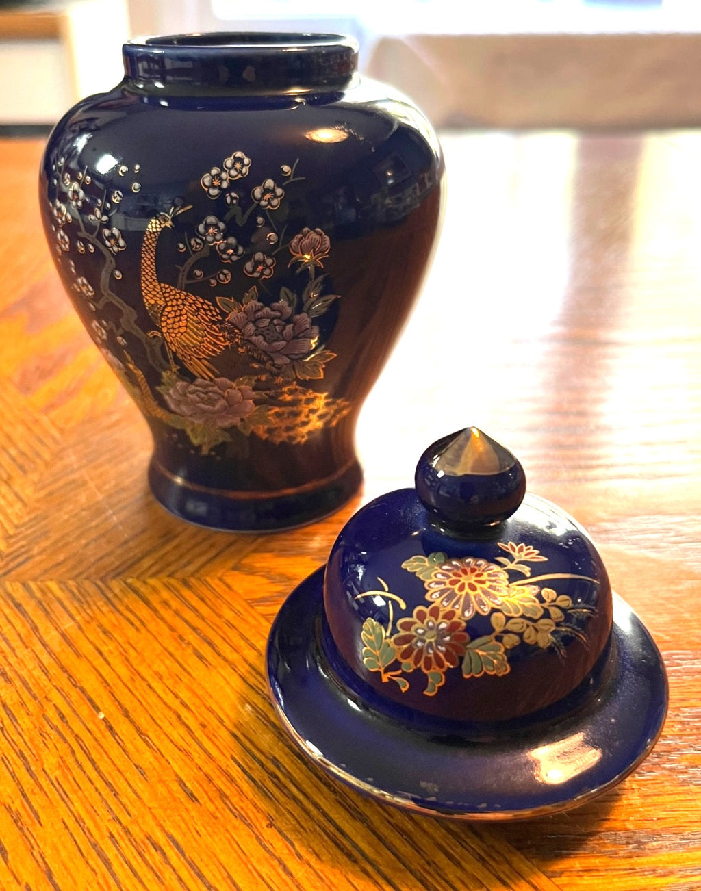 Vintage Japanese Cobalt Blue Porcelain Ginger Jar With Gold Peacock & Floral Design 6" tall