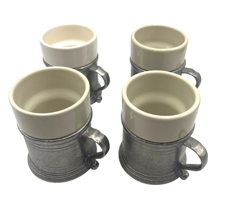 Armetale  Plough Tavern Pewter Mugs With Removable Ceramic Inserts Set Of 4 Vintage 4" Tall