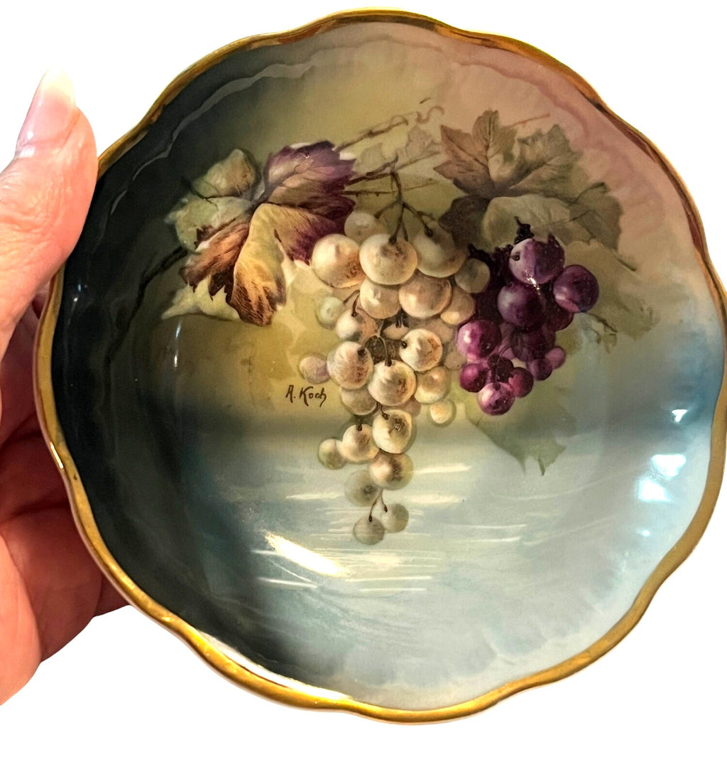 J&C Bavaria Hand-Painted Porcelain Bowls With Grape Design & Gold Trim Signed by Artist