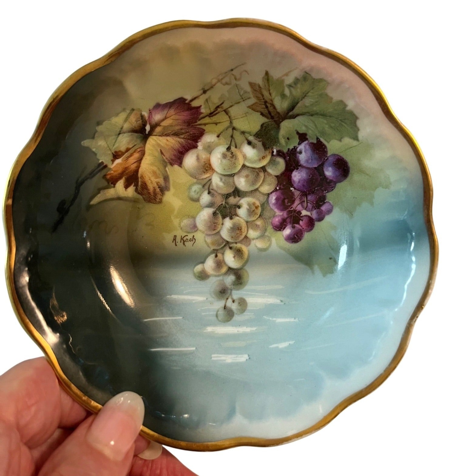 J&C Bavaria Hand-Painted Porcelain Bowls With Grape Design & Gold Trim Signed by Artist