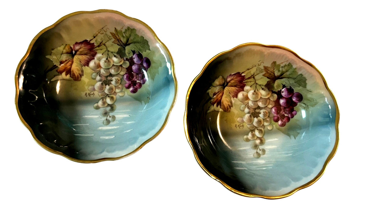 J&C Bavaria Hand-Painted Porcelain Bowls With Grape Design & Gold Trim Signed by Artist