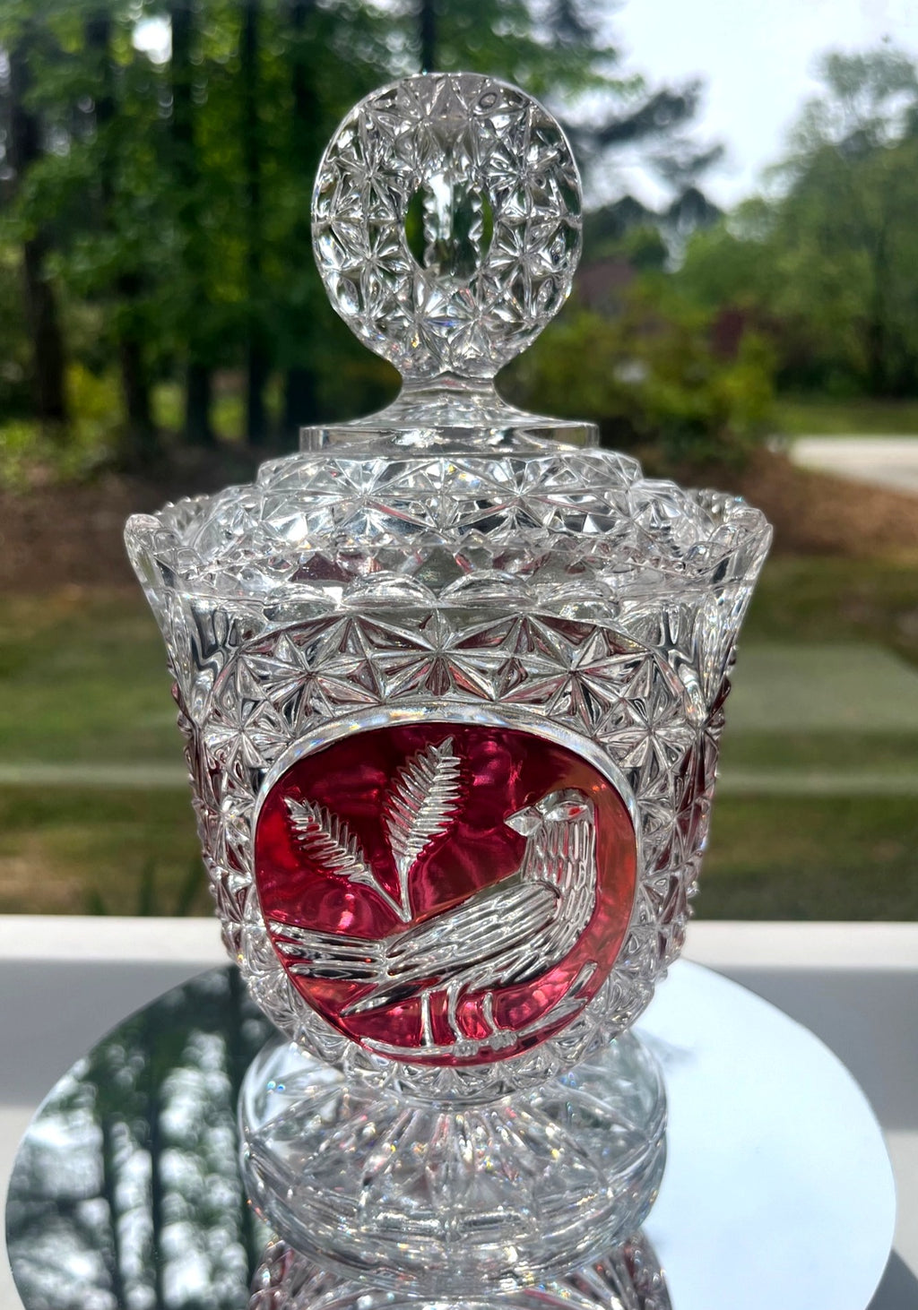Vintage Hofbauer "Byrdes" Ruby Red Cut To Crystal Pedestal Candy Dish With Lid Bird w Fern Etching Starburst Design 9" tall